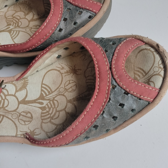 fly london peeptoe wedge platform shoes, ankle strap 7.5m/38, coral and gray - Picture 2 of 6